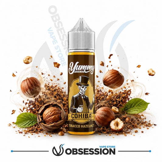 Cohiba Tobacco Hazelnut vape juice bottle surrounded by hazelnuts and tobacco leaves on a white background.