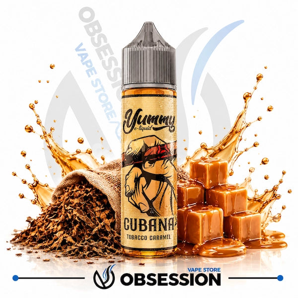 Cubana Tobacco Caramel vape juice bottle with caramel candies and liquid splashes on a white background.