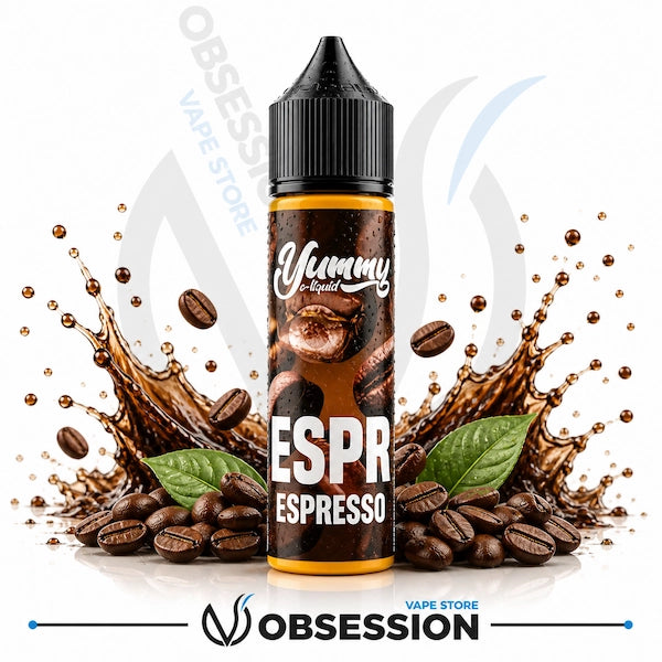 Yummy Espresso vape juice bottle with roasted coffee beans, green leaves, and coffee splash elements on a white background.