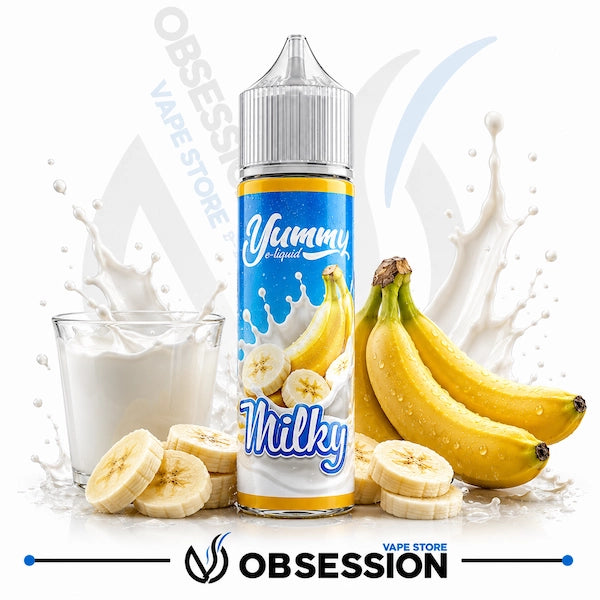 Yummy Milky vape liquid bottle with bananas and milk on a white background