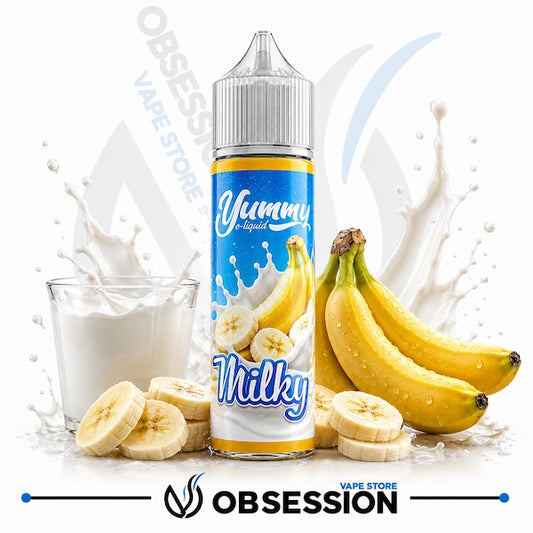 Yummy Milky vape liquid bottle with bananas and milk on a white background