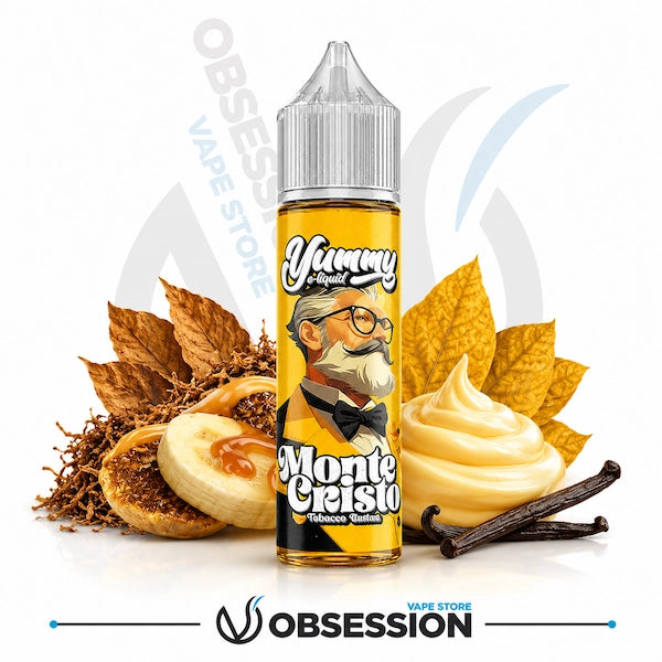 Monte Cristo-flavored vape juice bottle with tobacco, donut, and vanilla elements on a white background.