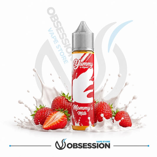 Yummy Mommy Milk vape juice bottle with strawberries and milk splash on a white background, featuring Obsession Vape Store branding.