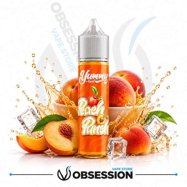 Vape juice bottle labeled 'Peach Punch' with peaches and ice cubes on a white background, featuring the brand 'Obsession'.
