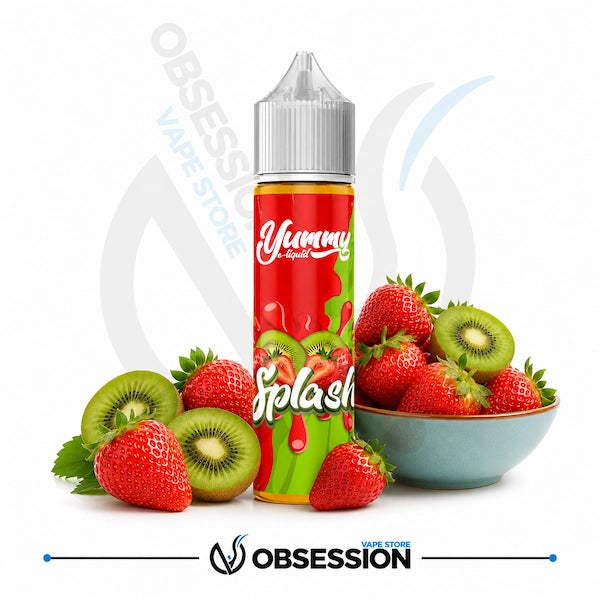 Yummy Splash Kiwi Strawberry vape juice bottle with fresh strawberry and kiwi fruit elements on a white background.