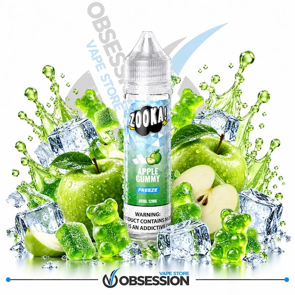 A bottle of Zooka Apple Gummy Freeze e-liquid centered against a white background, surrounded by green apples, ice cubes, and green gummy bears. The bottle label shows the Zooka brand and flavor text.
