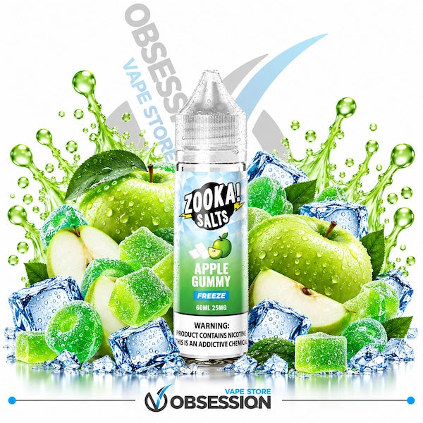 A bottle of Zooka Salts Apple Gummy Freeze e-liquid centered over a stylized graphic of green apples, gummy candies, ice cubes, and water splashes on a white background. The Obsession Vape Store logo appears at the bottom, and a large diagonal Obsession watermark overlays the upper area.
