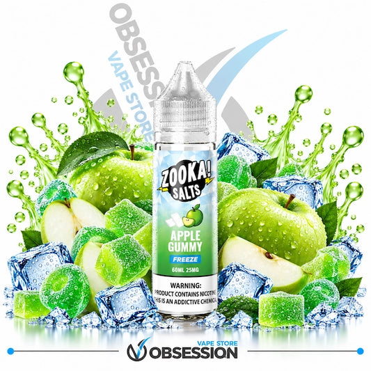 A bottle of Zooka Salts Apple Gummy Freeze e-liquid centered over a stylized graphic of green apples, gummy candies, ice cubes, and water splashes on a white background. The Obsession Vape Store logo appears at the bottom, and a large diagonal Obsession watermark overlays the upper area.