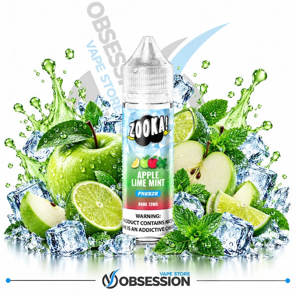 A bottle of Zook! Apple Lime Mint Flavour e-liquid centered on a white background, surrounded by fresh green apples, lime slices, mint leaves, and ice cubes with water splashes. The bottle label shows the Zook! brand and flavor text.