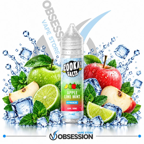 A bottle of Zooka Salts Apple Lime Mint e-liquid centered on a white background, surrounded by fresh green apples, red apples, lime slices, mint leaves, ice cubes, and water splashes. The bottle label reads 'ZOOKA SALTS' and 'APPLE LIME MINT' with 'FREEZE' flavor.