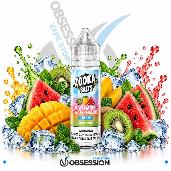 A bottle of Zooka Salts Kiwi Mango Watermelon e-liquid centered against a white background, surrounded by illustrated watermelon slices, mango cubes, kiwi, mint leaves, ice cubes, and colorful liquid splashes. A large diagonal 'Obsess' watermark is visible behind the bottle, and 'Zooka Salts' appears on the bottle label.