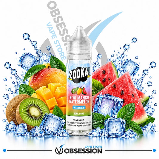 A bottle of Zooka Kiwi Mango Watermelon e-liquid flavoring is centered against a white background, surrounded by fresh fruit slices, cubes, and water splashes with ice cubes. The bottle label features the Zooka brand logo and flavor details.