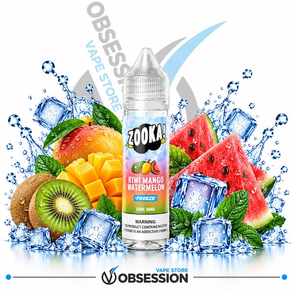 A bottle of Zooka Kiwi Mango Watermelon e-liquid flavoring is centered against a white background, surrounded by fresh fruit slices, cubes, and water splashes with ice cubes. The bottle label features the Zooka brand logo and flavor details.