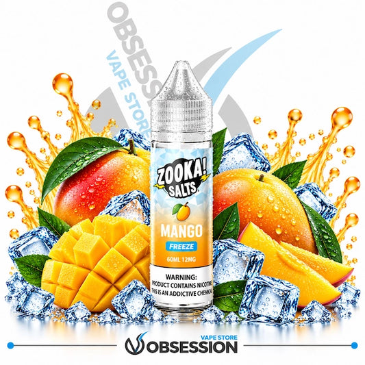 A bottle of Zook! Salts Mango Freeze e-liquid centered in front of illustrated mangoes, ice cubes, and orange juice splashes on a white background. The bottle label reads 'ZOOK! SALTS' and 'MANGO FREEZE 40ML 12MG'.