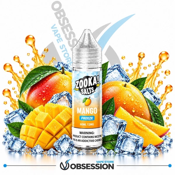 A bottle of Zook! Salts Mango Freeze e-liquid centered in front of illustrated mangoes, ice cubes, and orange juice splashes on a white background. The bottle label reads 'ZOOK! SALTS' and 'MANGO FREEZE 40ML 12MG'.