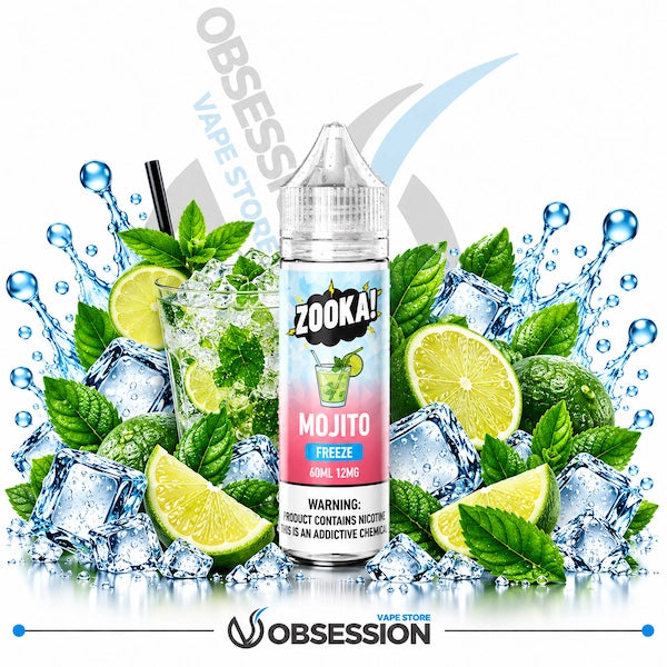 A bottle of Zook! Mojito Freeze e-liquid centered against a white background, surrounded by a stylized summer mojito scene with lime slices, mint leaves, ice cubes, and water splashes. A large diagonal 'OBSESS' watermark is visible behind the bottle, and an 'OBSESSION' logo appears at the bottom.
