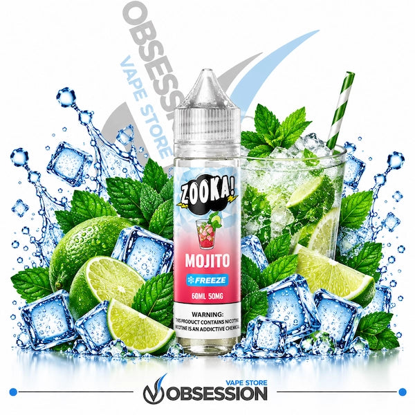A 60ml bottle of Zooka Mojito vape liquid centered against a white background, surrounded by ice cubes, mint leaves, lime slices, and a glass of mojito with a striped straw. The bottle label reads 'ZOOKA' and 'MOJITO FREEZE'.