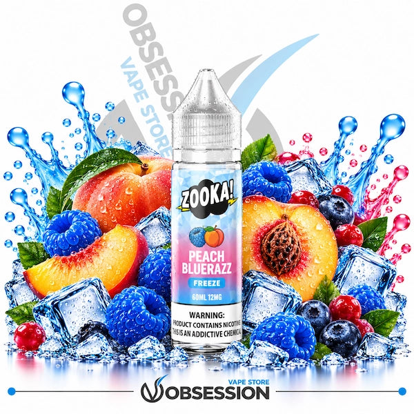 A bottle of Zook! Peach BlueRazz e-liquid centered against a white background, surrounded by fresh fruit, ice cubes, and water splashes. The label reads 'ZOOCK! ZOOCAK PEACH BLUERazz FREEZE' with flavor text 'PEACH + BLUERazz' and 'GML TINGO'.