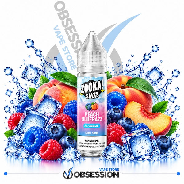 A bottle of Zooka Peach Bluerazz  e-liquid flavoring is centered against a white background, surrounded by fresh fruit slices, cubes, and water splashes with ice cubes. The bottle label features the Zooka brand logo and flavor details.