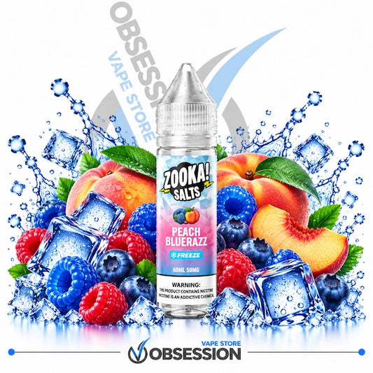 A bottle of Zooka Peach Bluerazz  e-liquid flavoring is centered against a white background, surrounded by fresh fruit slices, cubes, and water splashes with ice cubes. The bottle label features the Zooka brand logo and flavor details.