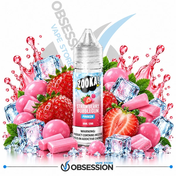 A bottle of Zook! Strawberry Bubblegum vape juice by Obsession, surrounded by strawberries, pink bubblegum candies, ice cubes, and pink gummy bears on a white background with a splash graphic.