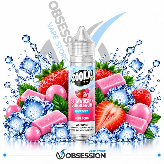 A bottle of Zooka Straberry Bubblegum  e-liquid flavoring is centered against a white background, surrounded by fresh fruit slices, cubes, and water splashes with ice cubes. The bottle label features the Zooka brand logo and flavor details.