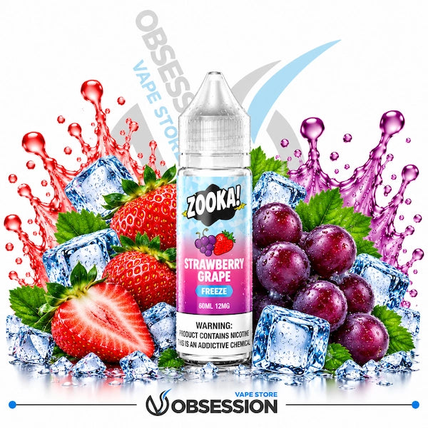 A bottle of Zook! Strawberry Grape e-liquid centered against a white background, surrounded by fresh strawberries, grapes, ice cubes, and colorful liquid splashes. The label reads 'ZOOK! Strawberry Grape Freeze' and includes a warning.