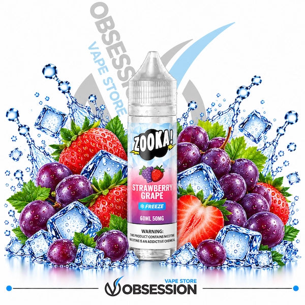 A bottle of Zooka Straberry Grape e-liquid flavoring is centered against a white background, surrounded by fresh fruit slices, cubes, and water splashes with ice cubes. The bottle label features the Zooka brand logo and flavor details.