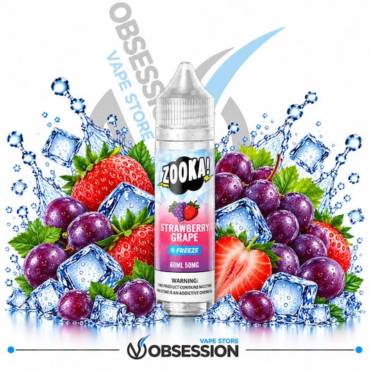 A bottle of Zooka Straberry Grape e-liquid flavoring is centered against a white background, surrounded by fresh fruit slices, cubes, and water splashes with ice cubes. The bottle label features the Zooka brand logo and flavor details.