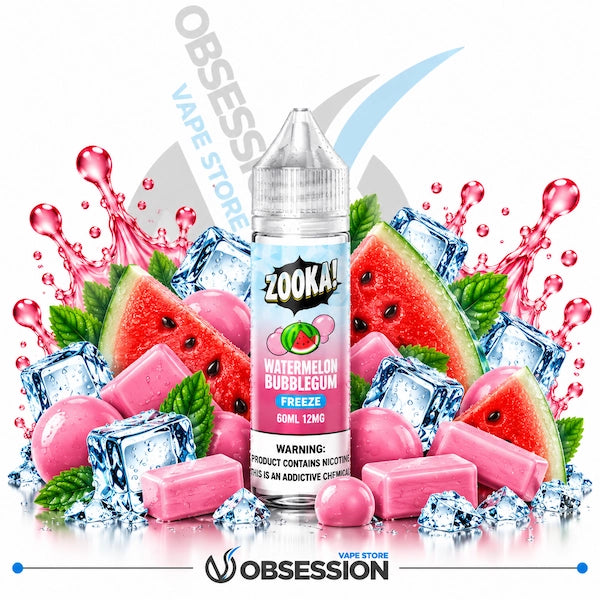 A bottle of Zook! Watermelon Bubblegum e-liquid by Obsession, surrounded by watermelon slices, pink gummy candies, ice cubes, and water droplets on a white background.