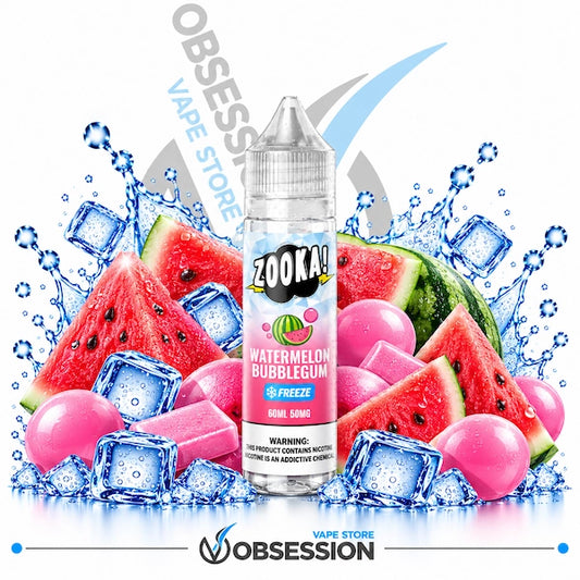 A bottle of Zooka Watermelon Bubblegum  e-liquid flavoring is centered against a white background, surrounded by fresh fruit slices, cubes, and water splashes with ice cubes. The bottle label features the Zooka brand logo and flavor details.