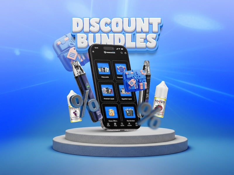 Discount bundles promotion with vaping devices and phone on a blue background