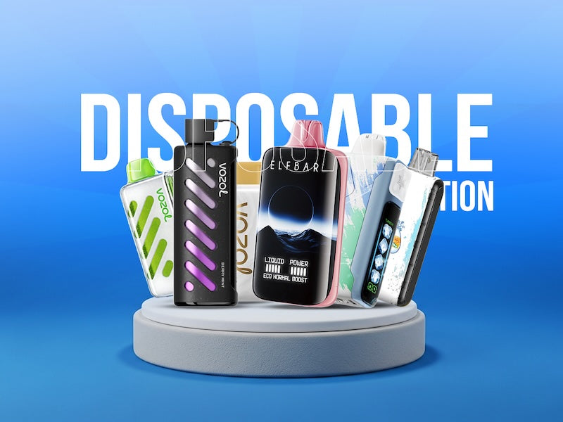Display of disposable e-cigarettes with a blue background and 'DISPOSABLE' text.