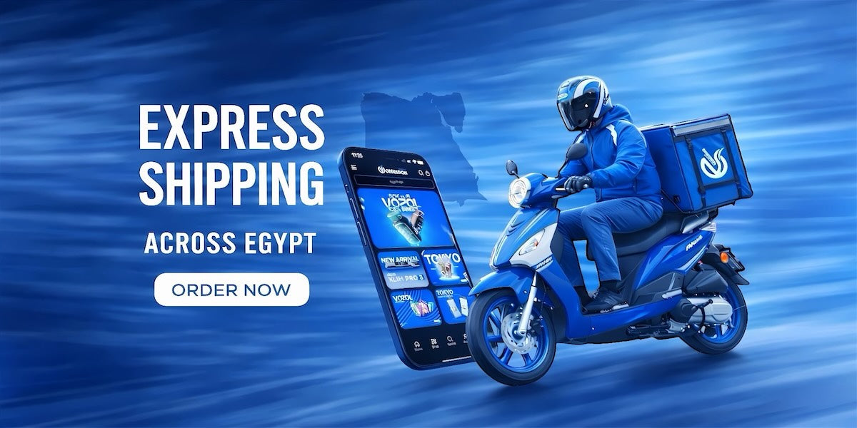 Advertisement for express shipping across Egypt with a delivery person on a scooter and smartphone.