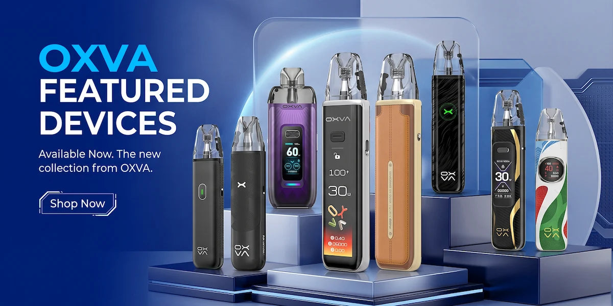 A promotional banner for OXVA featured devices, showing multiple electronic vape pens in different colors (black, purple, tan, green, white) arranged on blue pedestals against a dark blue background with 'OXVA FEATURED DEVICES' text on the left.