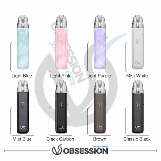 "كتالوج ألوان جهاز أكسليم جو لايت الجديد من متجر Obsession، يوضح 8 ألوان مختلفة منها Mist Blue وLight Pink وBlack Carbon."