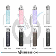 "كتالوج ألوان جهاز أكسليم جو لايت الجديد من متجر Obsession، يوضح 8 ألوان مختلفة منها Mist Blue وLight Pink وBlack Carbon."